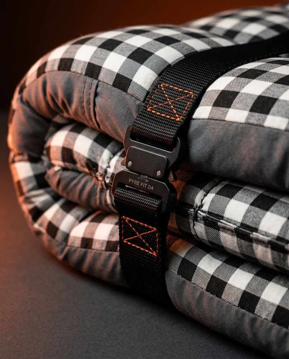 Black carry strap with buckle securing the rolled checkered floor mattress