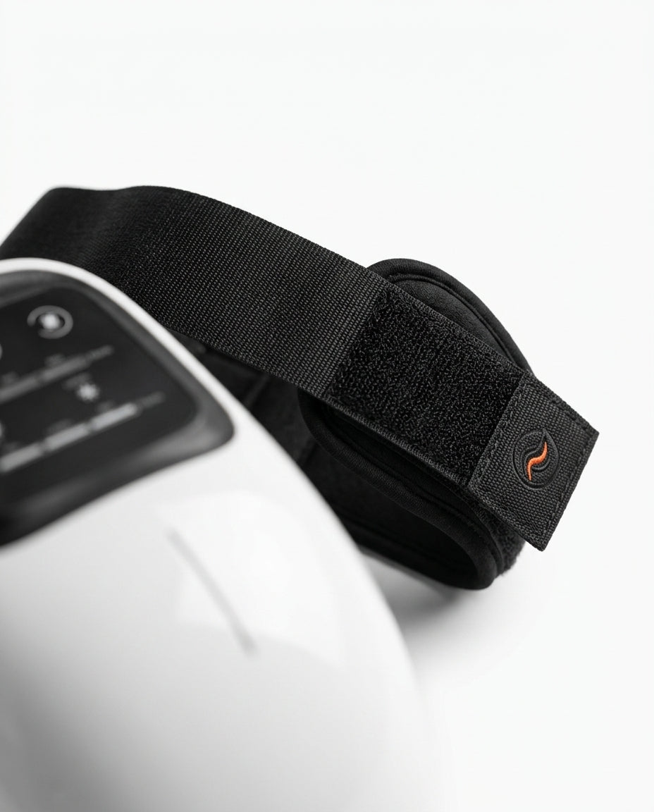 Close-up of the adjustable velcro strap and Pyre Fit logo on the knee massager