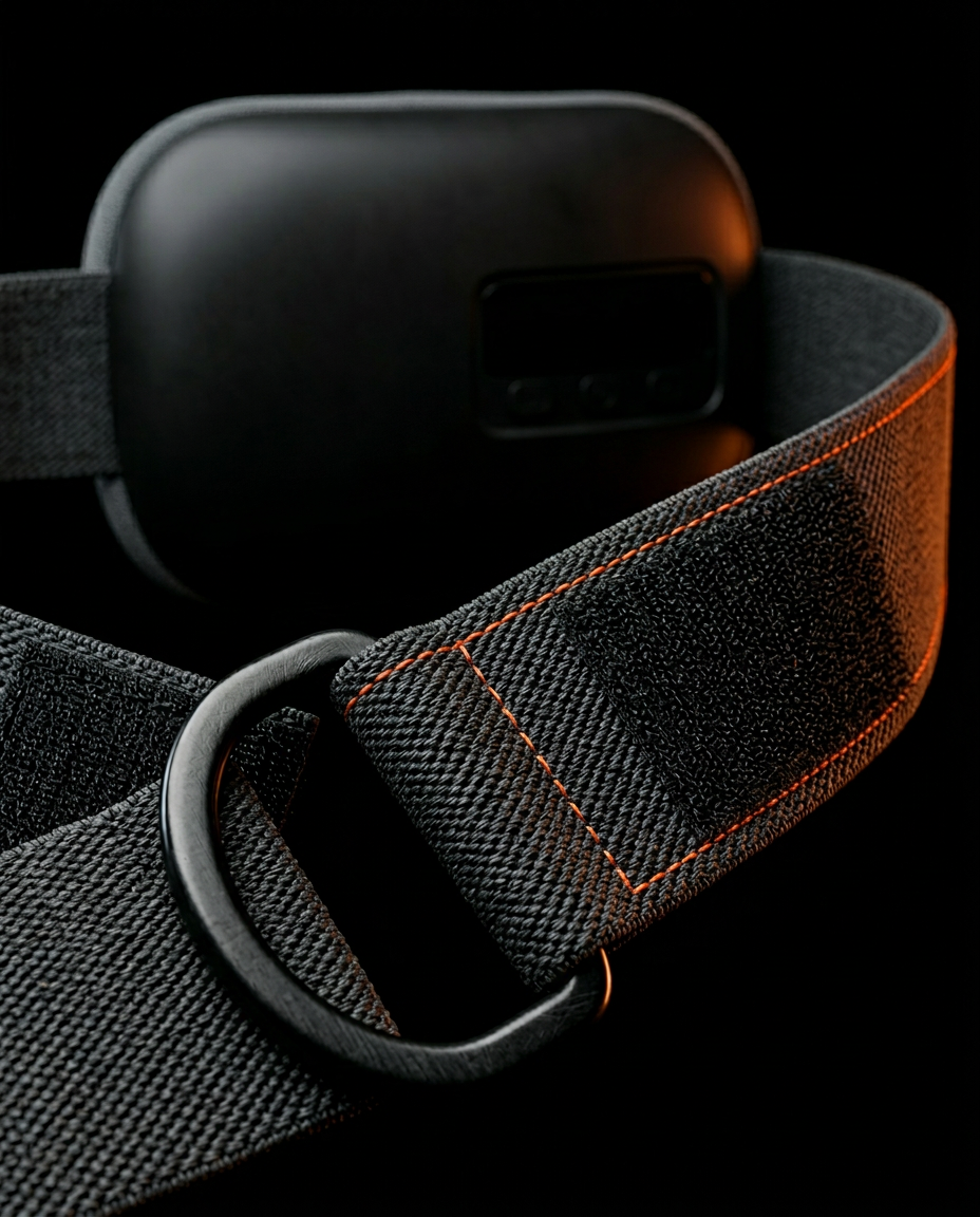 Macro of the waist belt's elastic strap with D-ring buckle