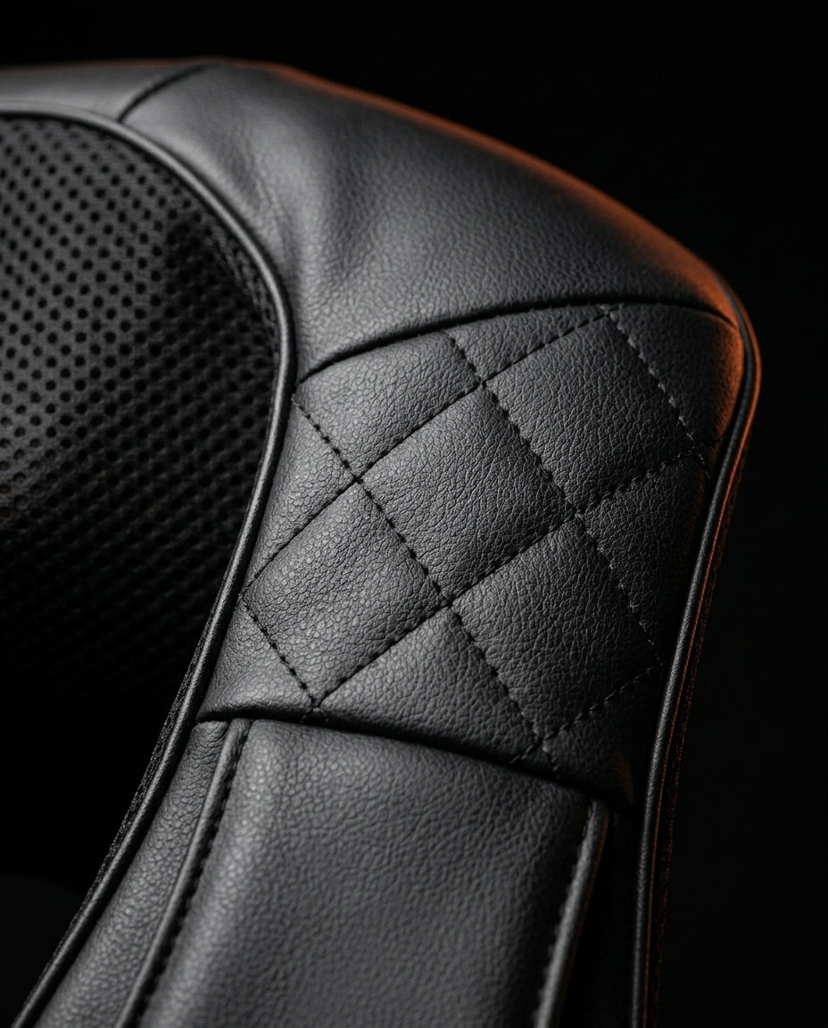 Macro of the quilted faux-leather and mesh material on the massager