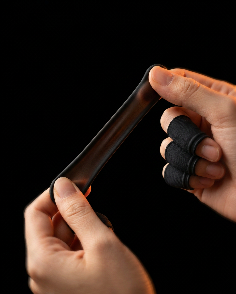 Two hands stretching a black gel finger sleeve to show its flexibility