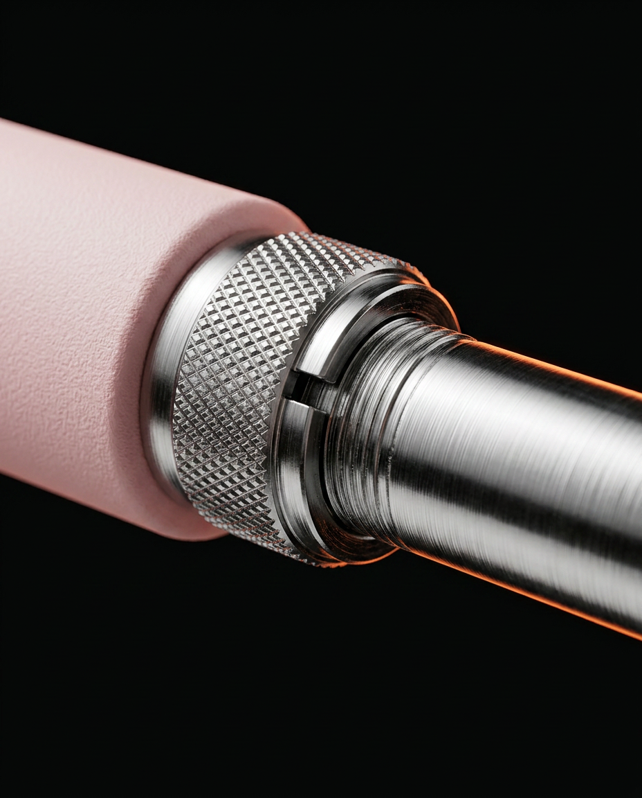Macro of the knurled chrome telescoping twist-lock collar on the posture stick