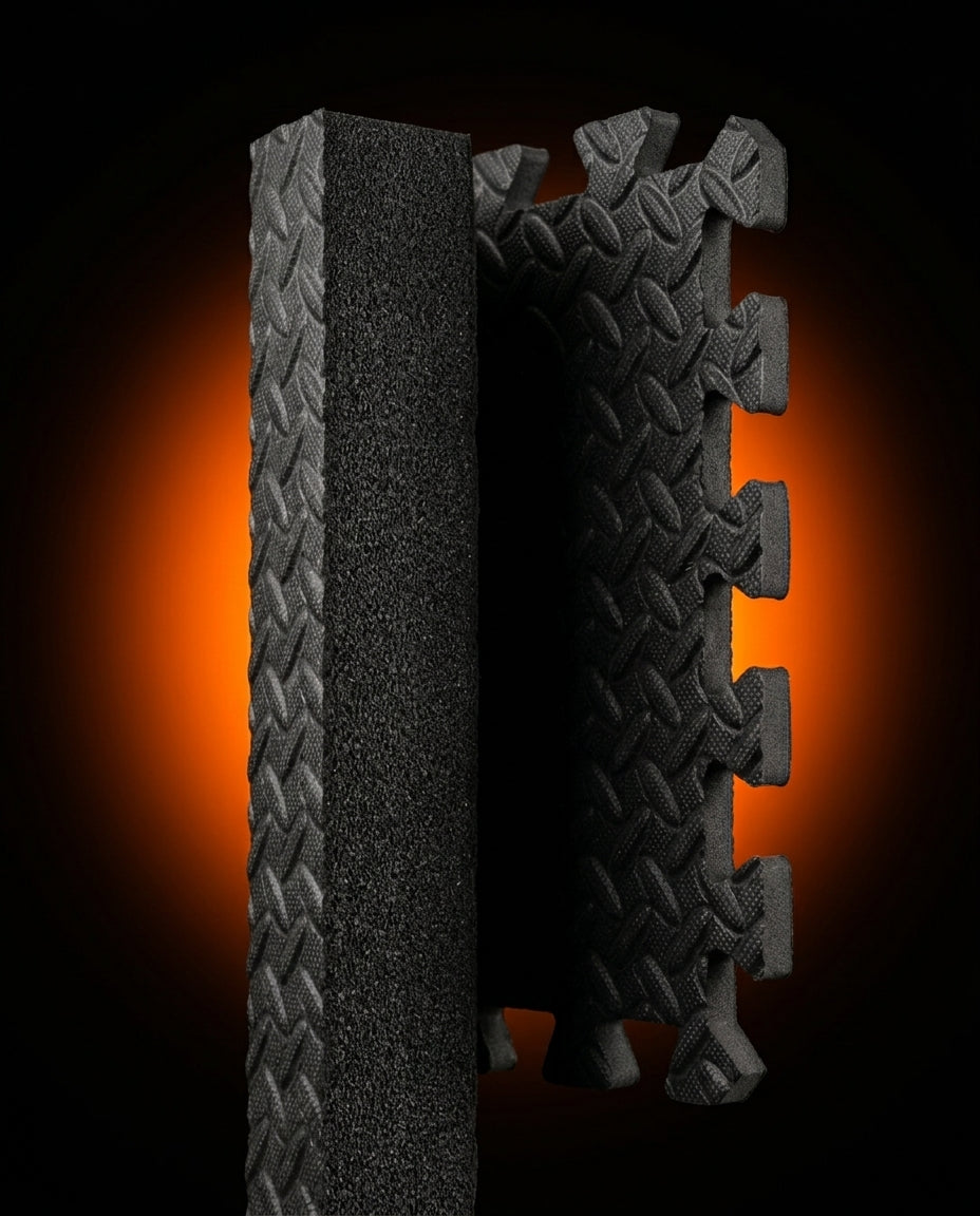 Cross-section macro showing the thickness of the black EVA foam mat tile