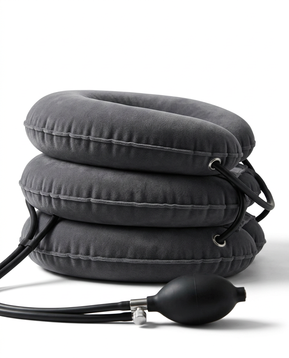 Side view of the three inflatable chambers of the grey neck collar