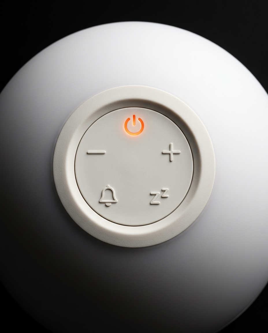 Macro of the top control buttons with orange power icon on the wake-up light
