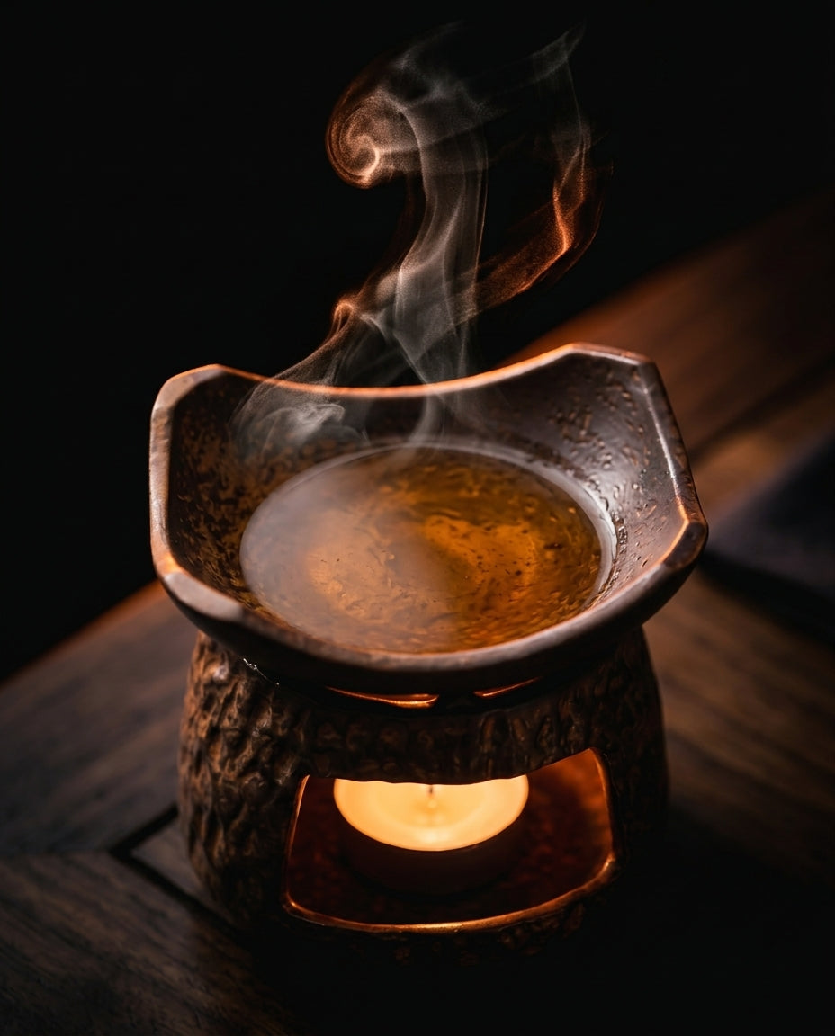 Top dish of the ceramic burner holding warming oil with vapor rising