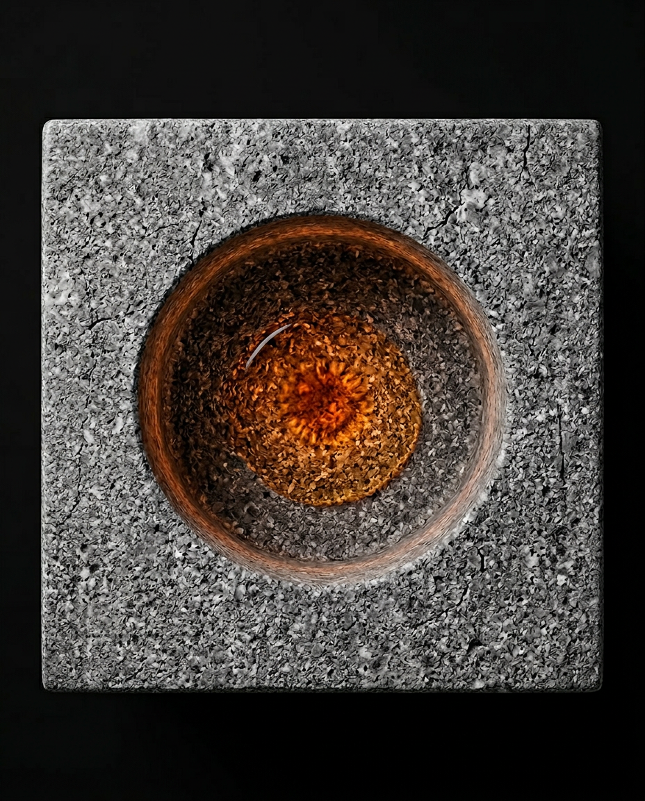 Overhead view of the circular oil recess in the granite cube holder