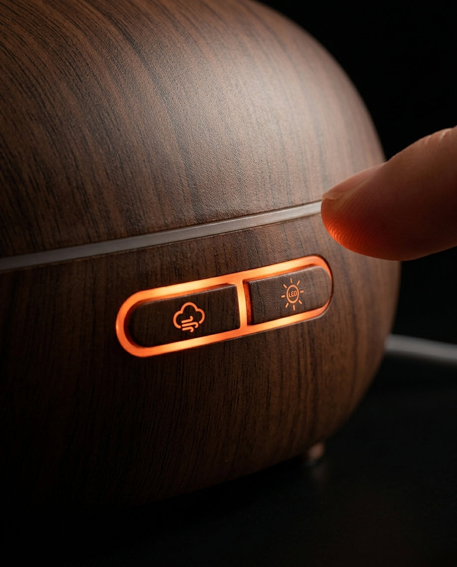 Finger touching the backlit mist and light controls on the diffuser