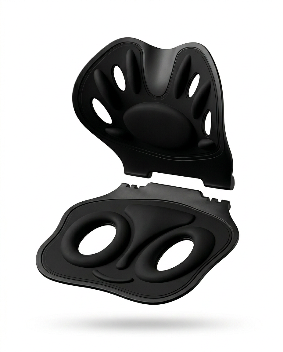 Black posture seat split into its two-piece backrest and base components