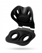 Black posture seat split into its two-piece backrest and base components