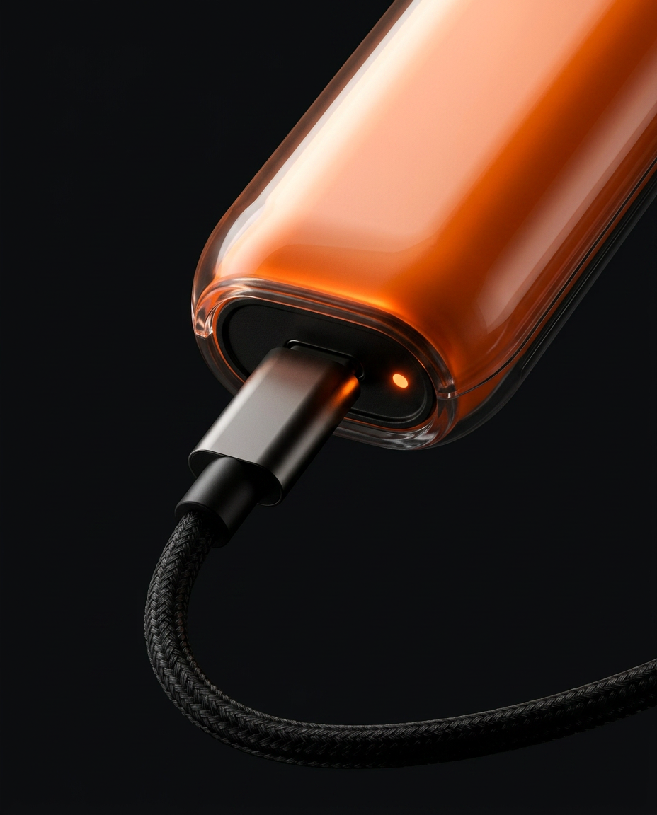 USB-C cable plugged into the charging port of the orange precision trimmer