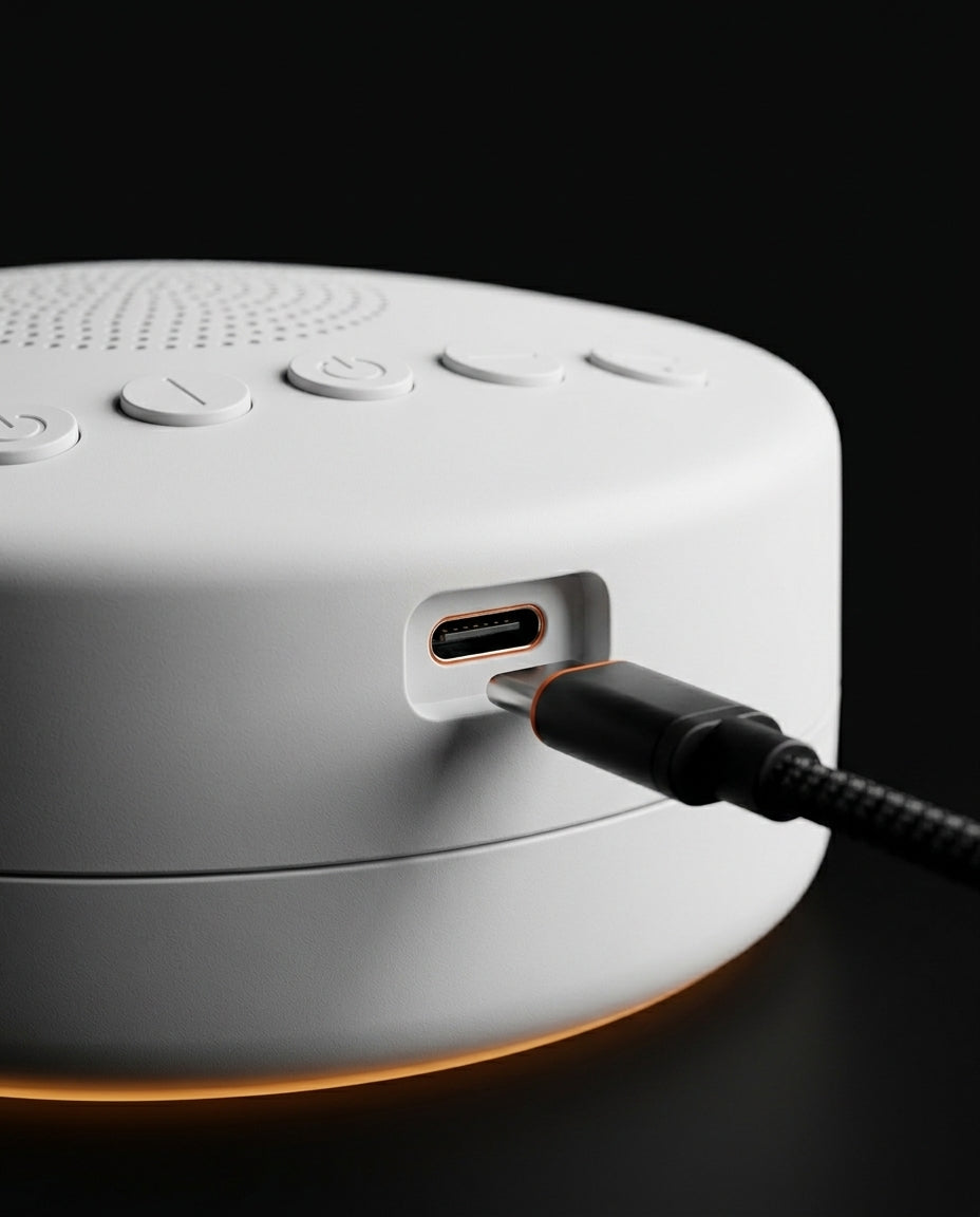 USB-C charging cable plugged into the side of the sleep machine