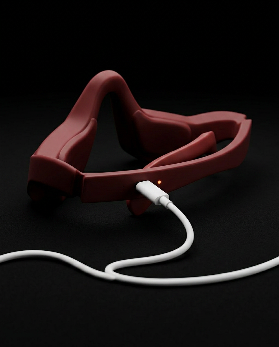Burgundy eye massager with white USB charging cable plugged in