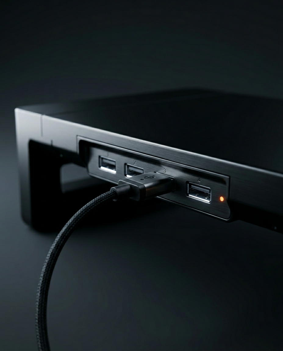 Macro of the riser's built-in USB hub ports with cable plugged in