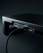 Macro of the riser's built-in USB hub ports with cable plugged in