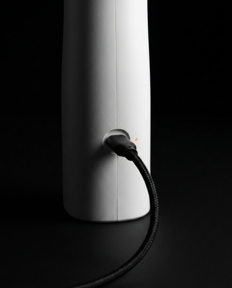 Macro of the USB-C charging cable plugged into the base of the water flosser