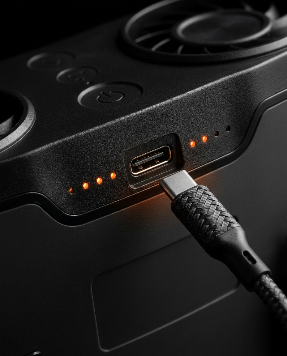 Macro of a USB-C cable plugged into the cooling unit's charging port