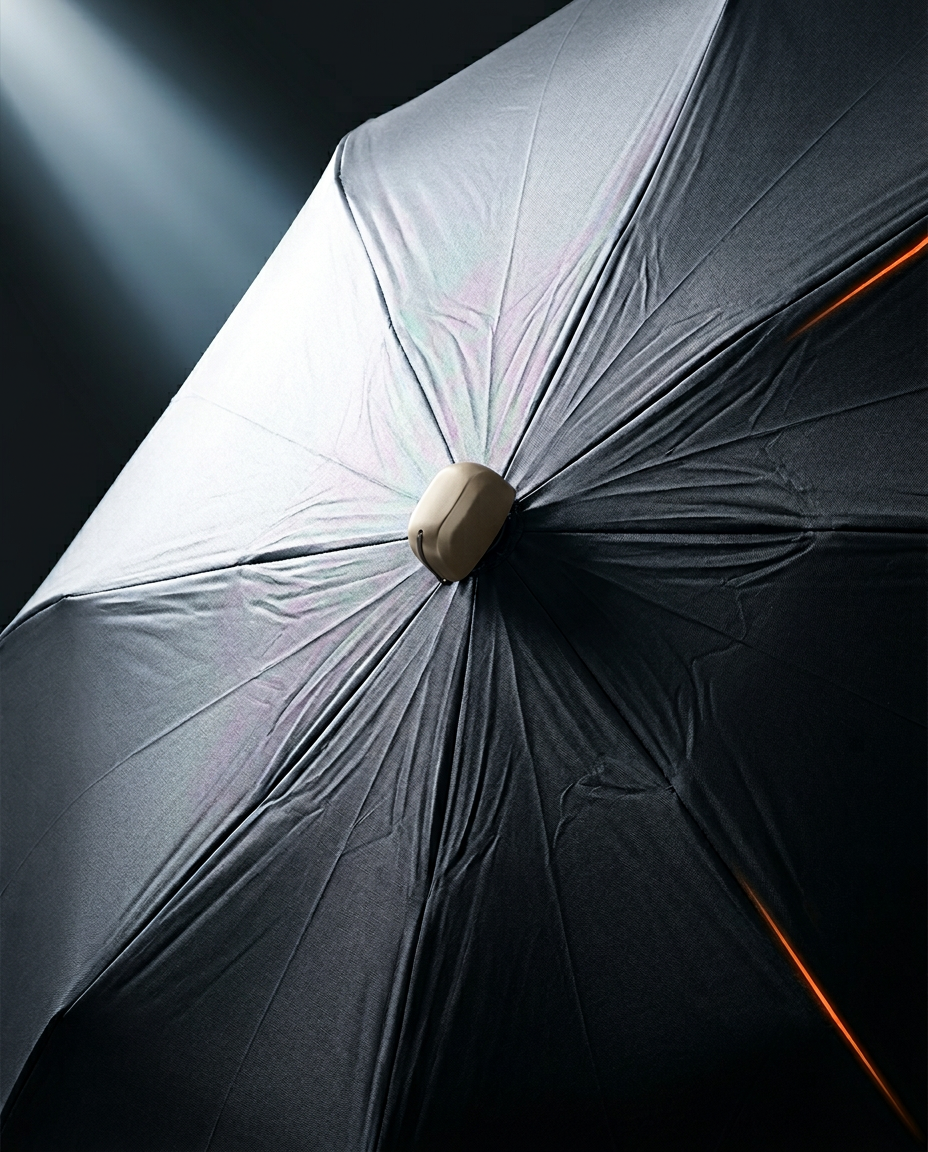 Light passing over the silver UV-coated canopy of the open umbrella