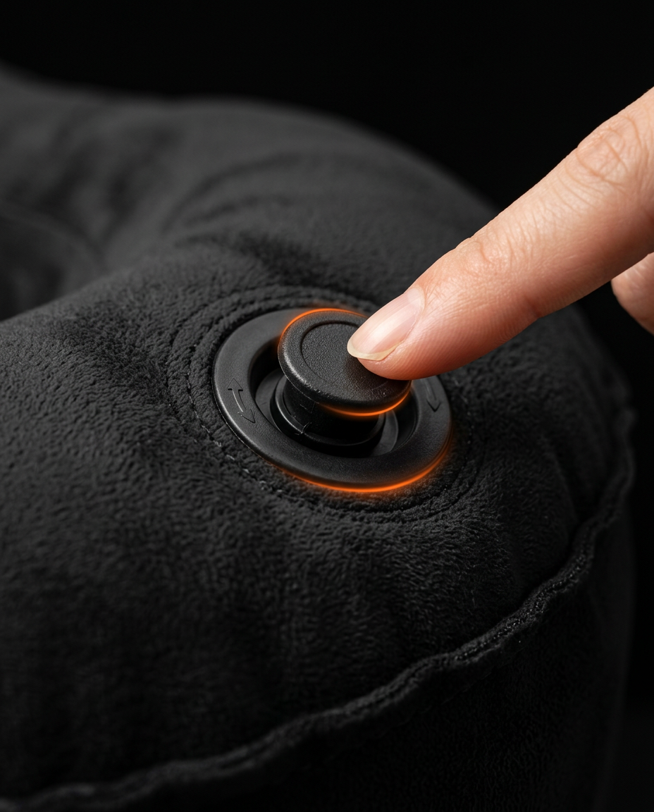 Finger pressing the push-valve to inflate the black travel neck pillow
