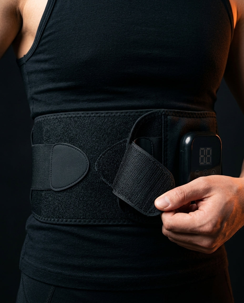 Man fastening the adjustable velcro strap of the heated waist belt around his torso