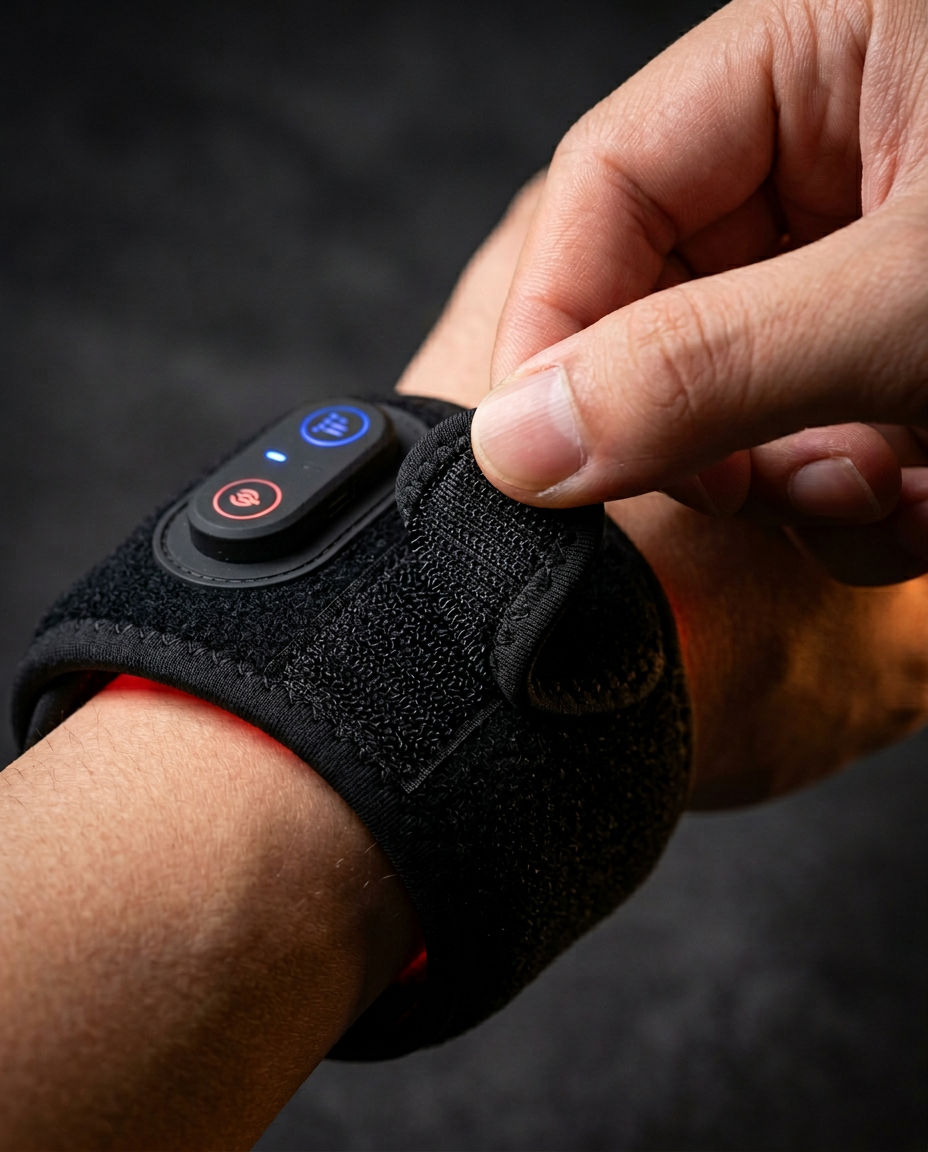 Adjusting the velcro closure of the red light wrist strap on a wrist