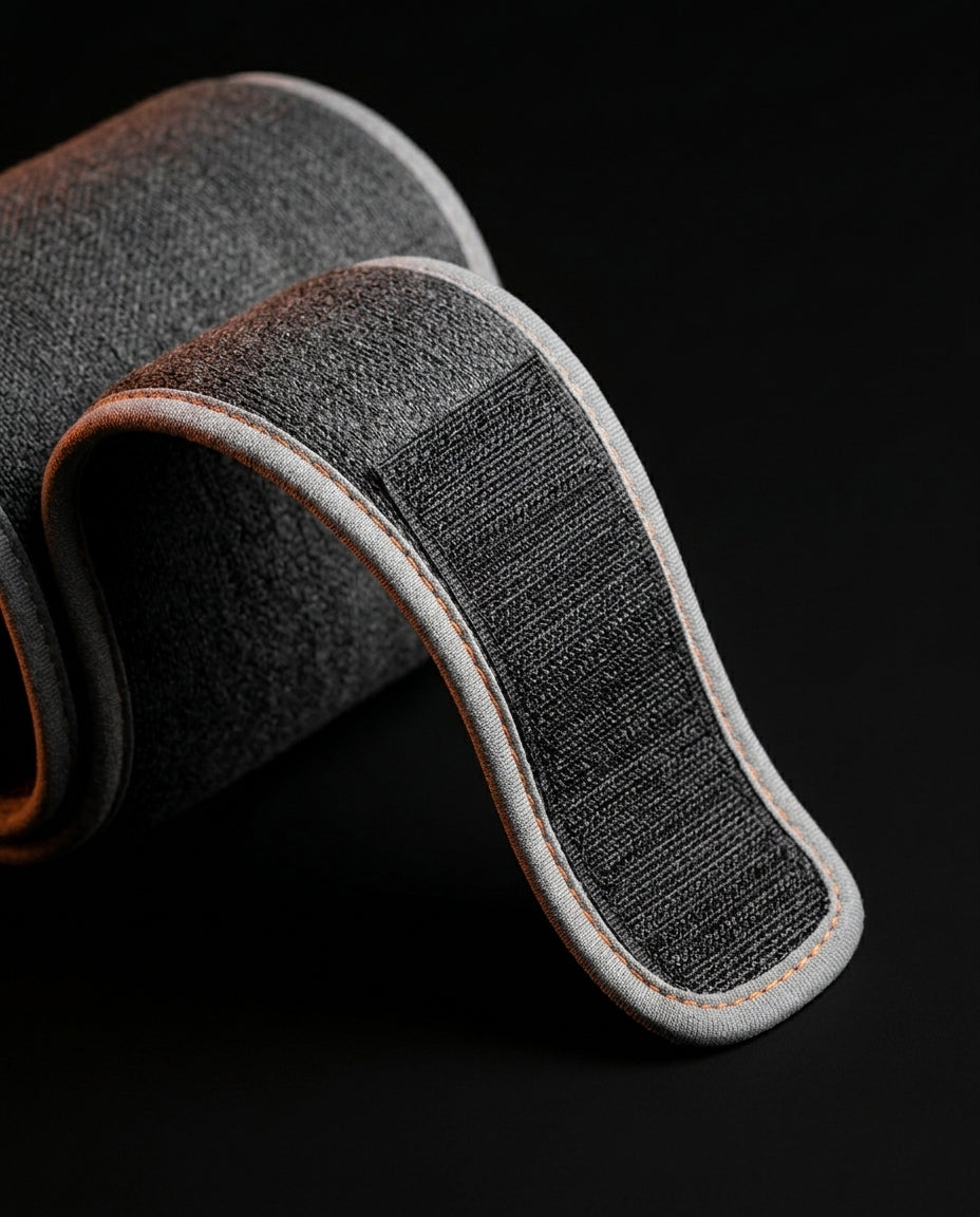 Macro of the hook-and-loop strap end on the grey calf massager wrap