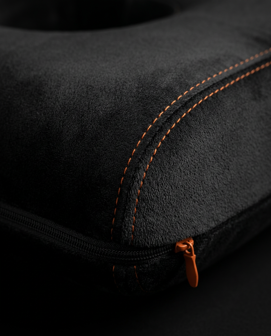 Macro of the soft black velour fabric with orange stitching and zipper