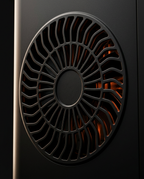 Detail of the black side ventilation fan grille on the ice maker