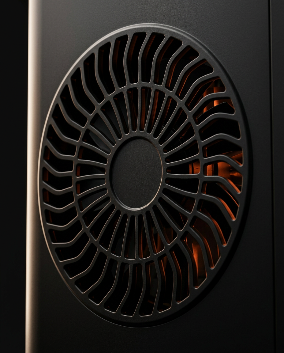 Detail of the black side ventilation fan grille on the ice maker