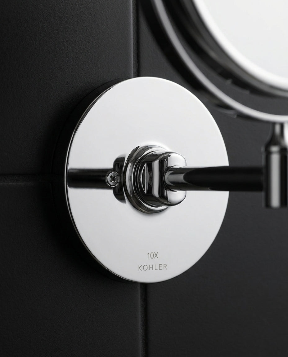 Macro of the round chrome wall-mount base plate on a dark tile wall