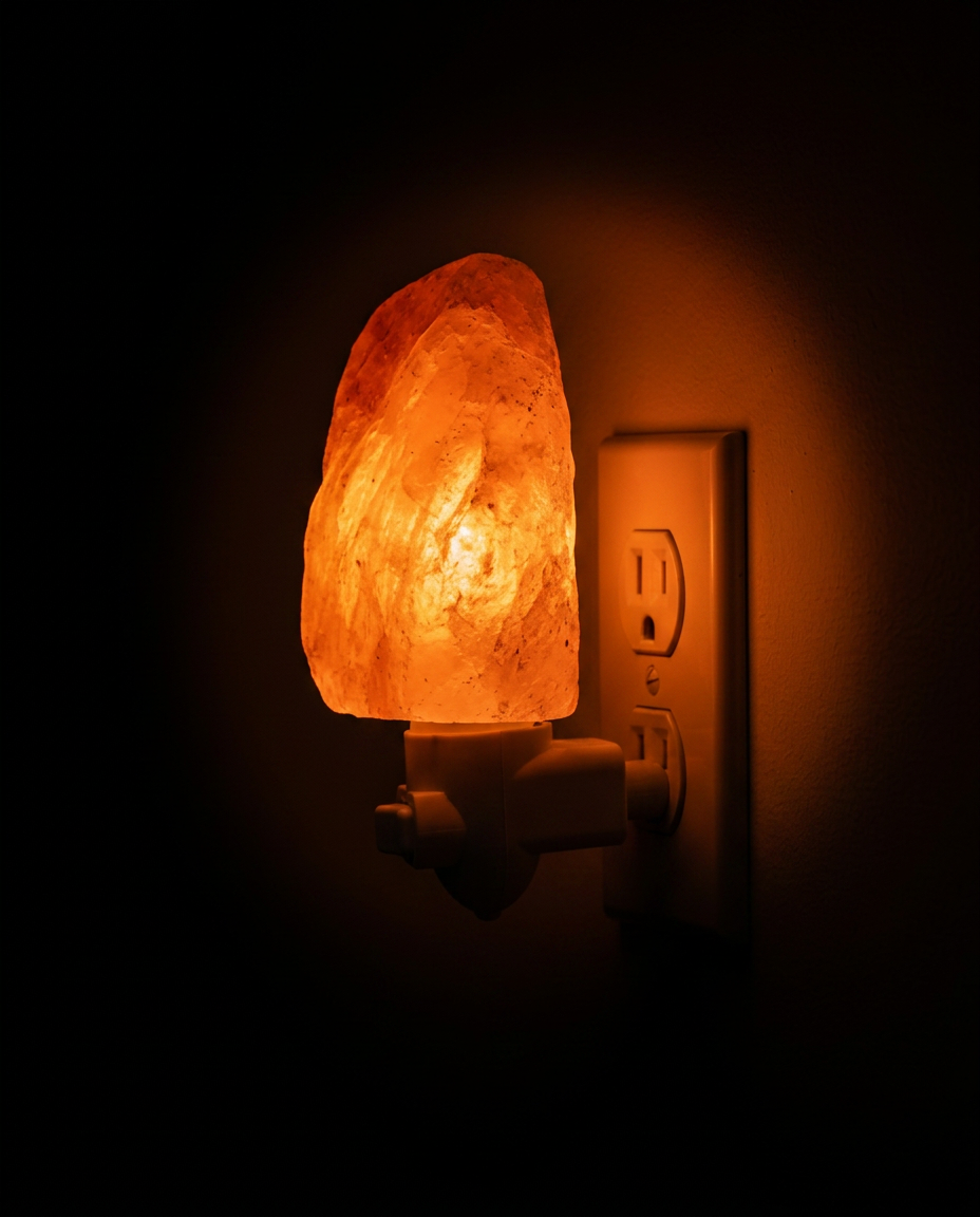 Himalayan salt lamp in a wall outlet glowing with a warm halo in the dark