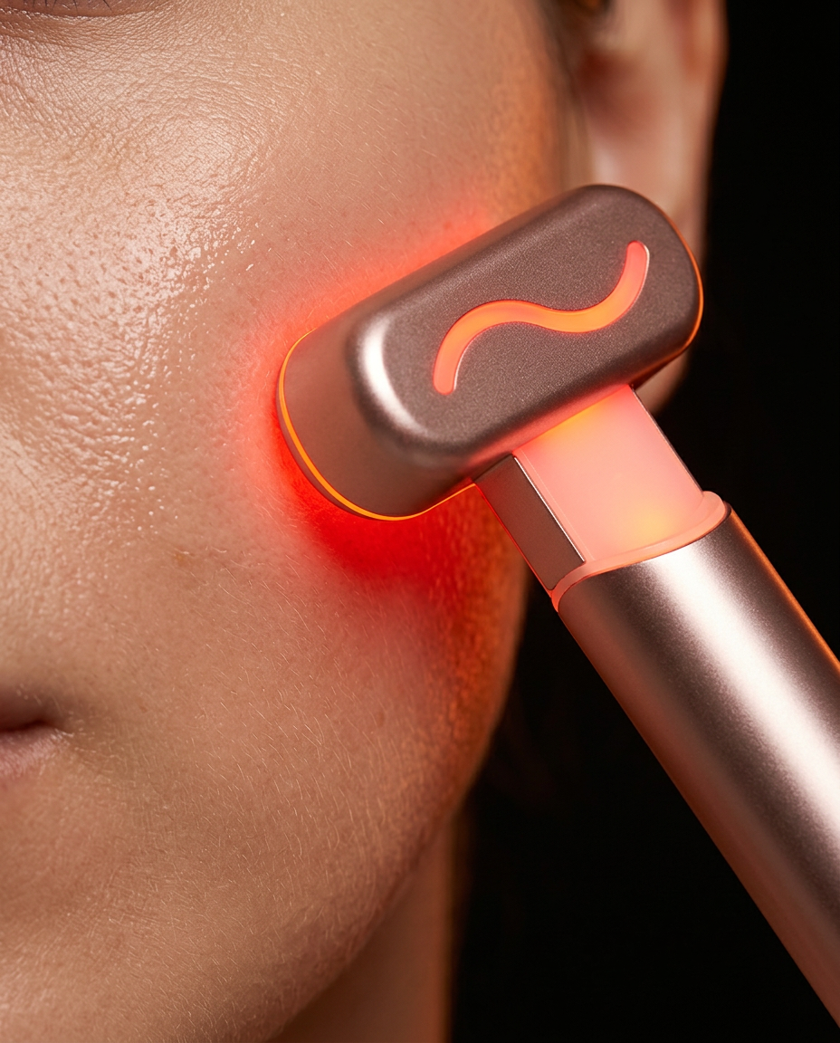 Close-up of the red light wand glowing against a woman's cheek