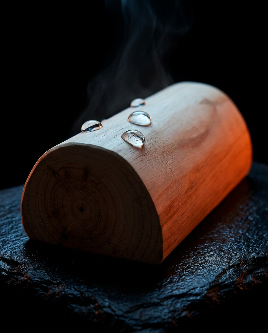 Water droplets beading on the wooden sauna neck pillow with rising steam