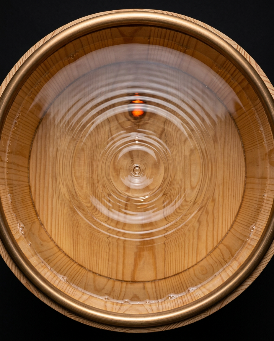 Top-down view into the sauna bucket showing the liner and rippling water