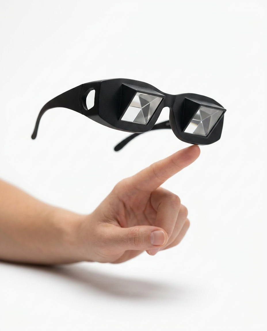 Lightweight prism reading glasses balanced on a single fingertip