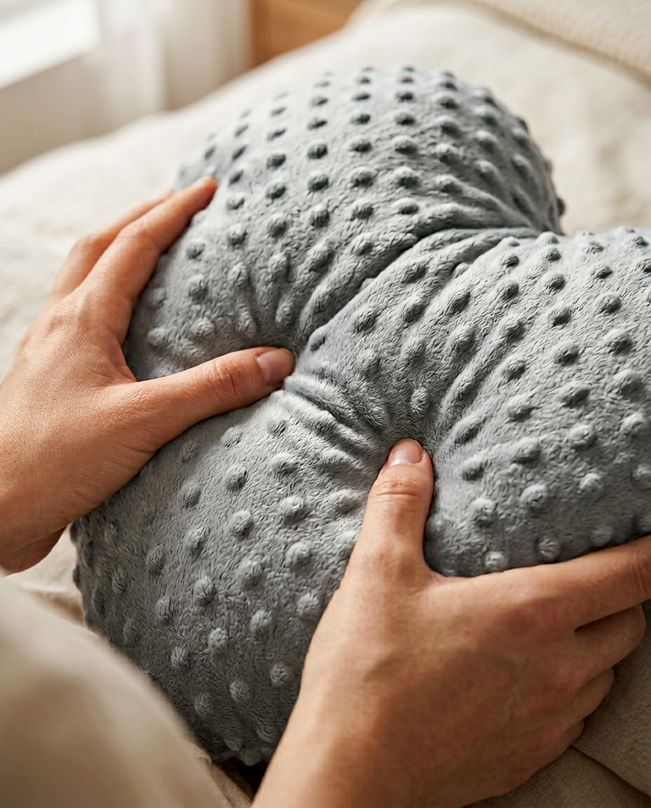 Hands holding the weighted heart cushion to show its grounding heft
