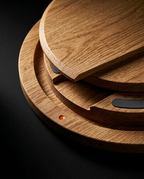 Macro of the layered solid hardwood construction and edge grain of the balance board