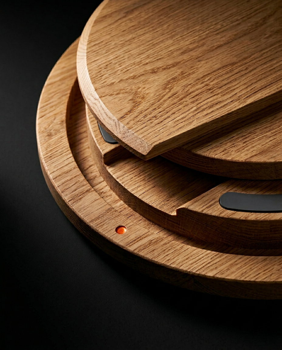 Macro of the layered solid hardwood construction and edge grain of the balance board