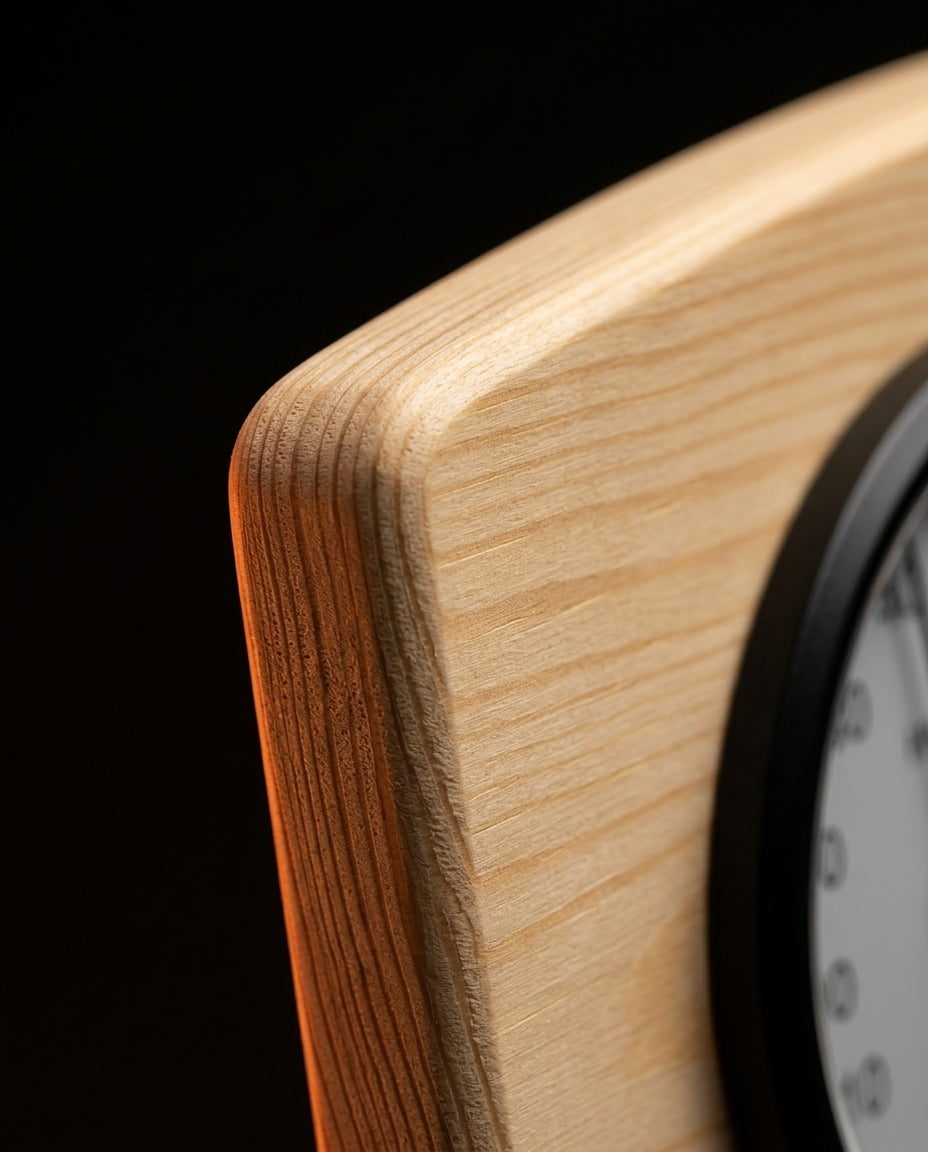Macro of natural pine wood grain on rounded sauna gauge frame