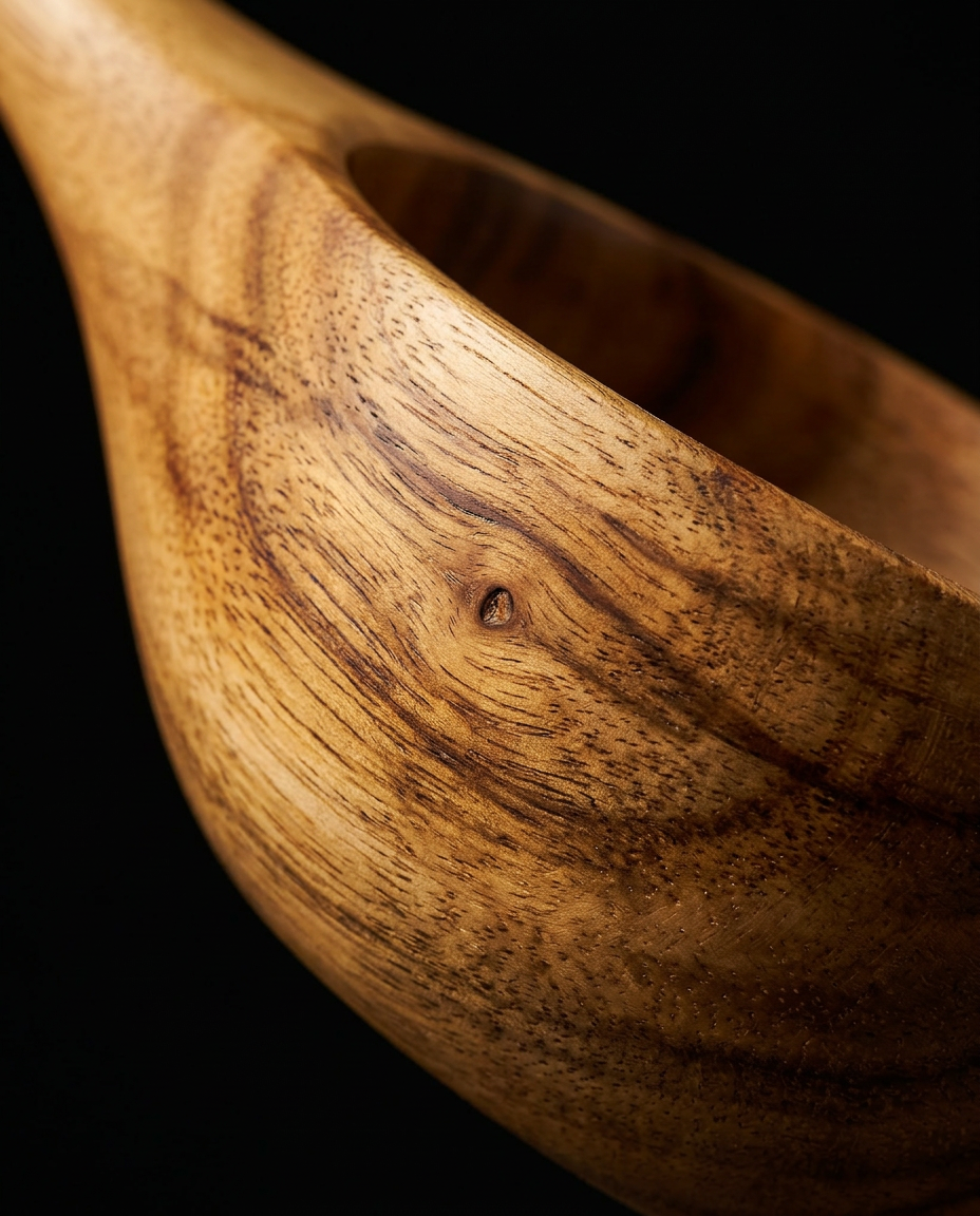 Macro of the rich acacia wood grain on the sauna ladle