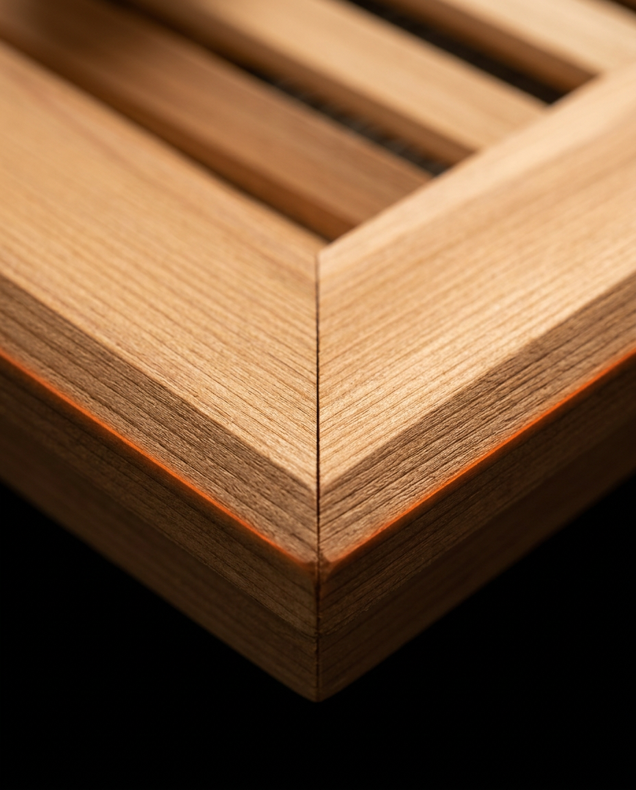 Detail of the mitered corner joint and cedar grain on the vent frame