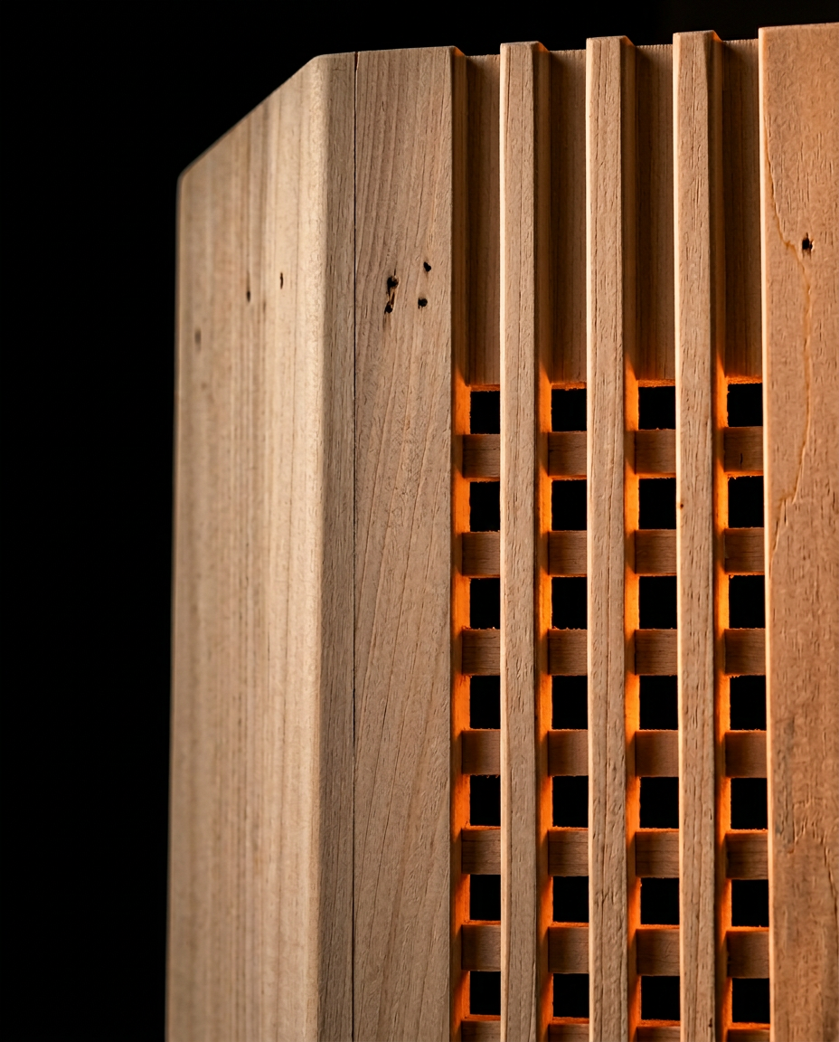 Detail of pine wood grain and lattice openings glowing on the light cover