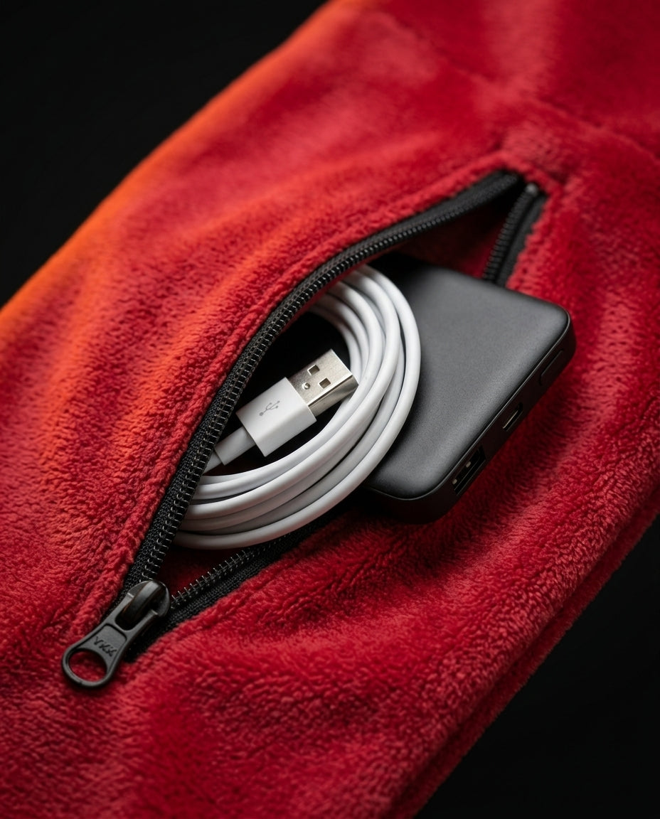 Heated scarf zip pocket holding a power bank and USB charging cable