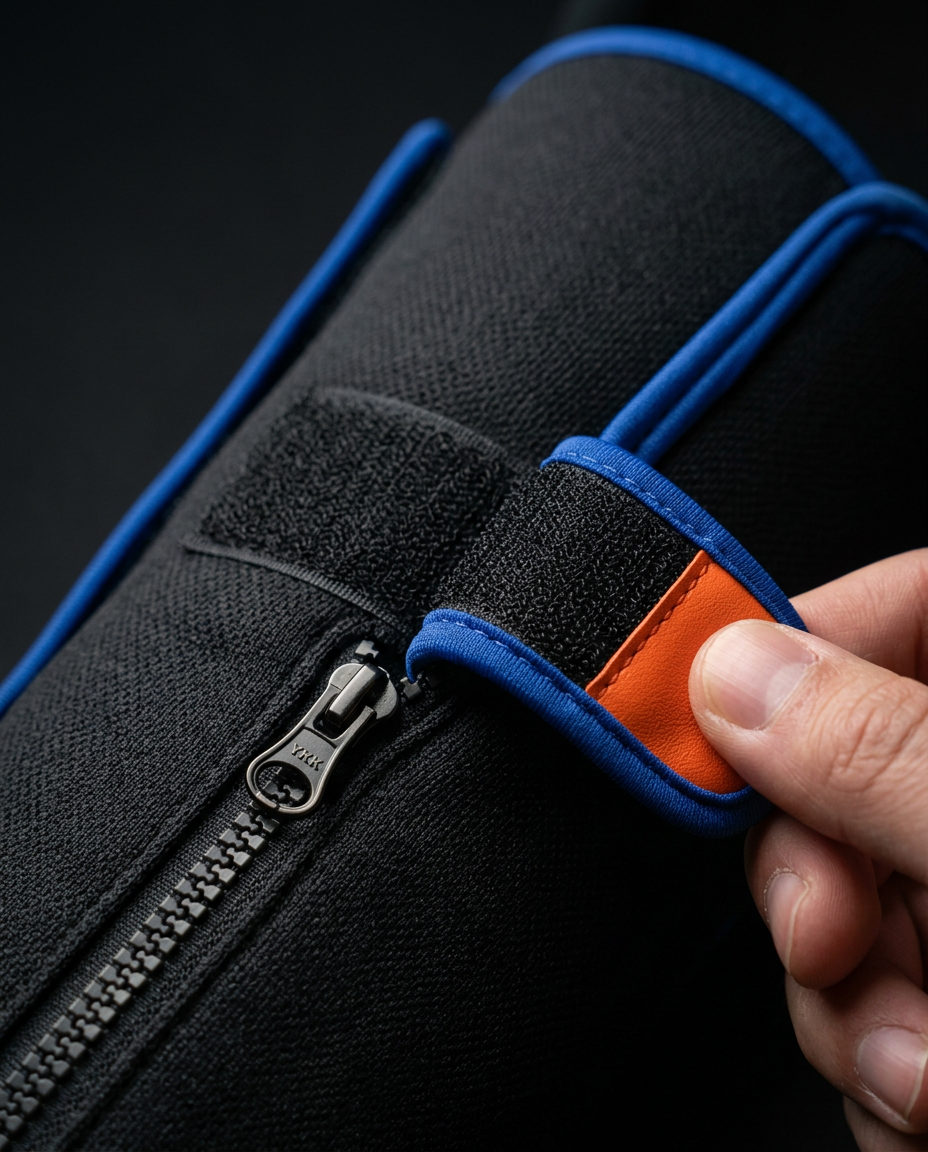 Hand adjusting the hook-and-loop strap and zipper on the leg massager sleeve
