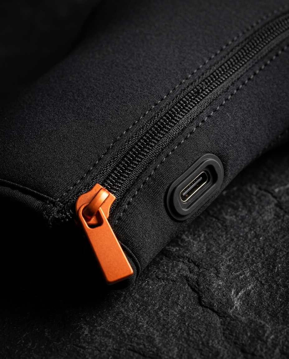 Macro of the orange zipper pull and USB-C charging port on the glove