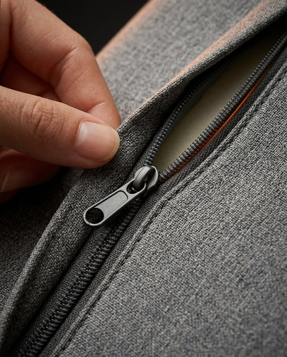 Hand opening the zipper on the removable gray knit wedge lounger cover