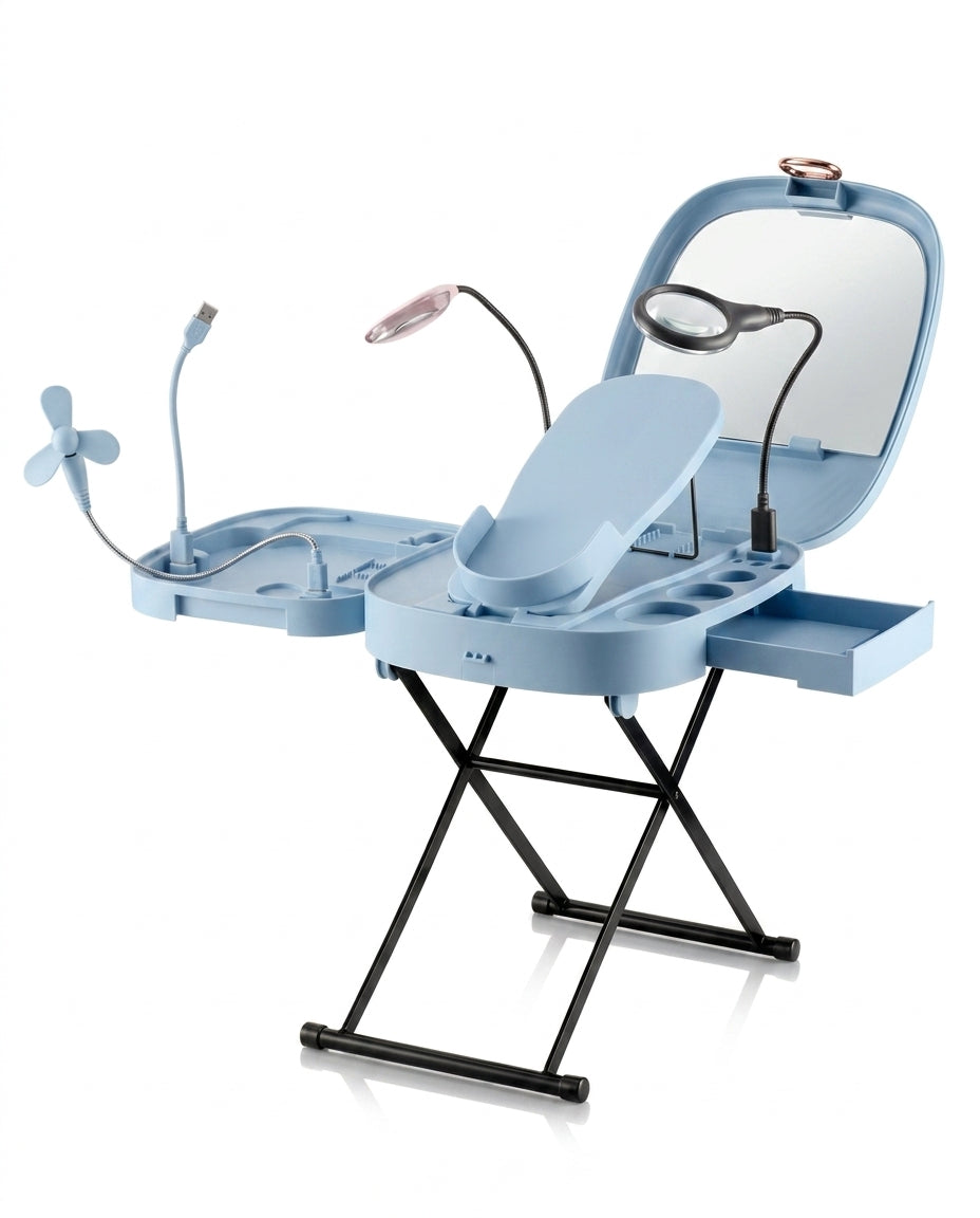 Light blue variant of the foot care station with lamp, mirror and fan