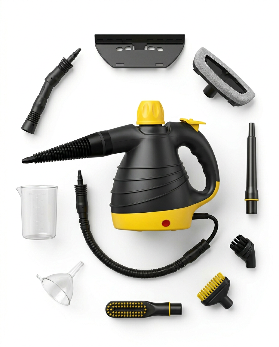 Handheld steam cleaner with full accessory kit of brushes, nozzles and cup