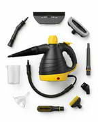 Handheld steam cleaner with full accessory kit of brushes, nozzles and cup