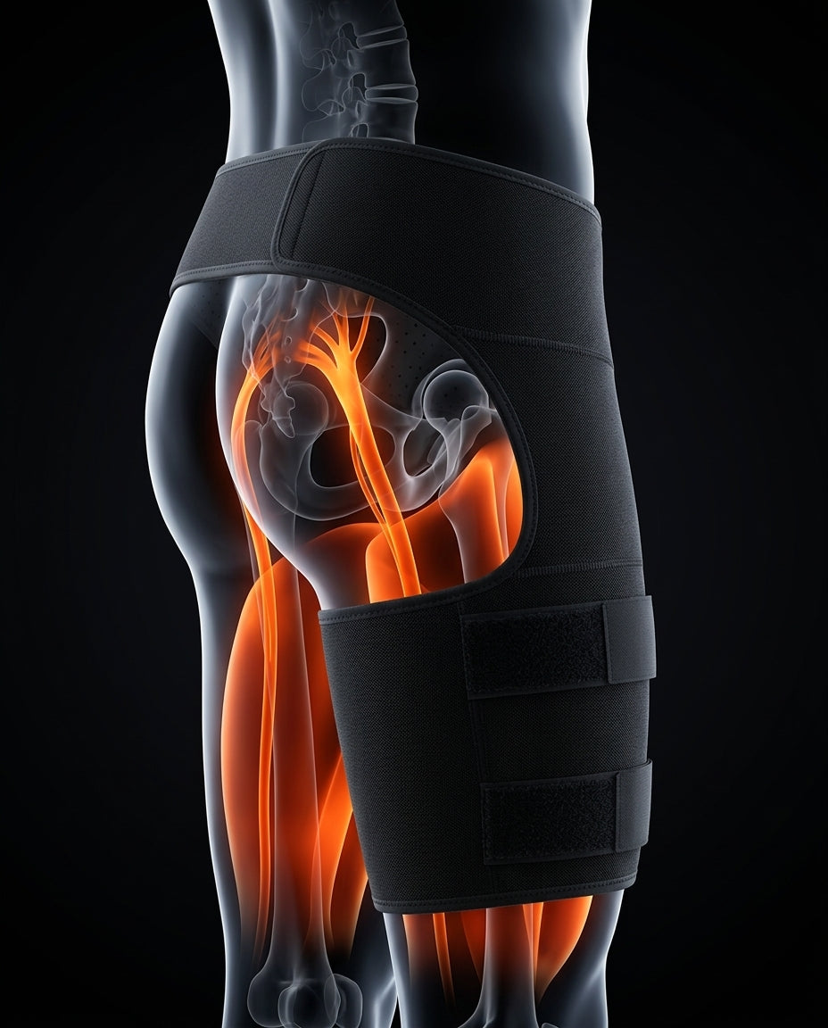 Anatomical overlay showing the wrap over the hip, groin and thigh